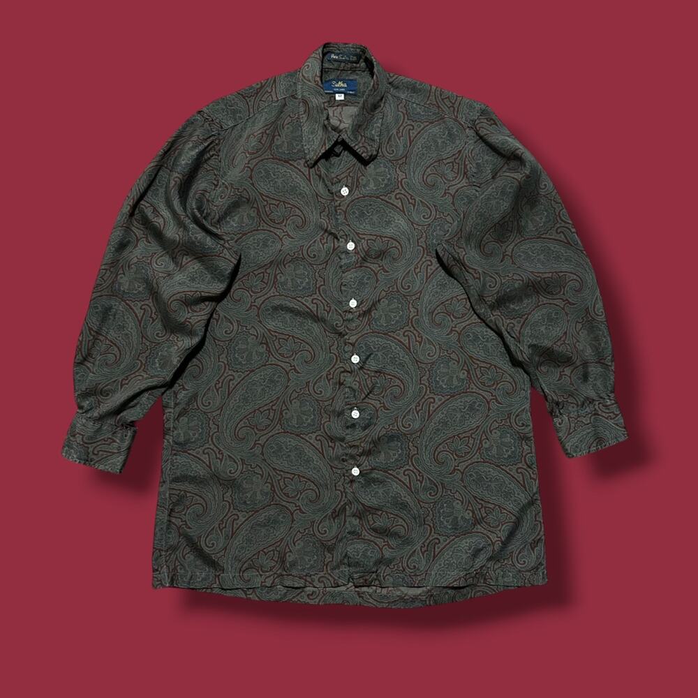 Vintage Sulka Silk Shirt Paisley Print Button Up Long Sleeve 90s Medium Gray Red